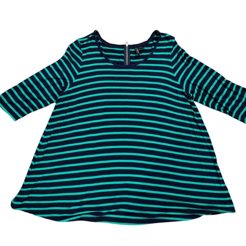 Cynthia Rowley Green Navy Stripe Tunic Top Gold Zip Back 3/4 Sleeve Size 2X